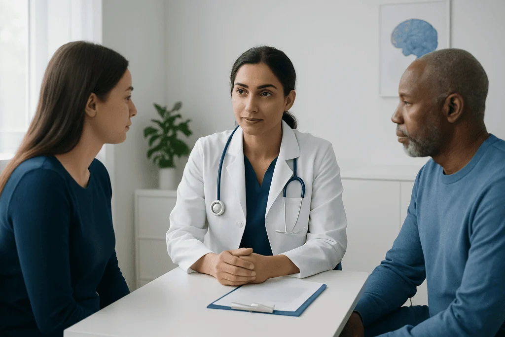 Doctor consulting with two patients in a medical office setting.