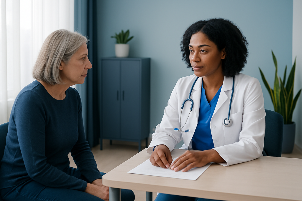 Doctor consulting with an elderly female patient in a medical office.
