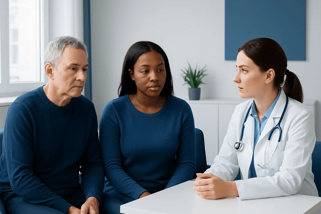 Doctor consulting with a patient and her relative in a hospital setting.