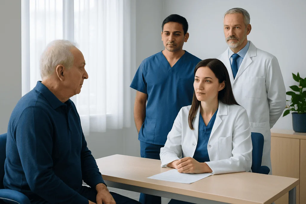 Medical team discussing patient care in a hospital consultation room.