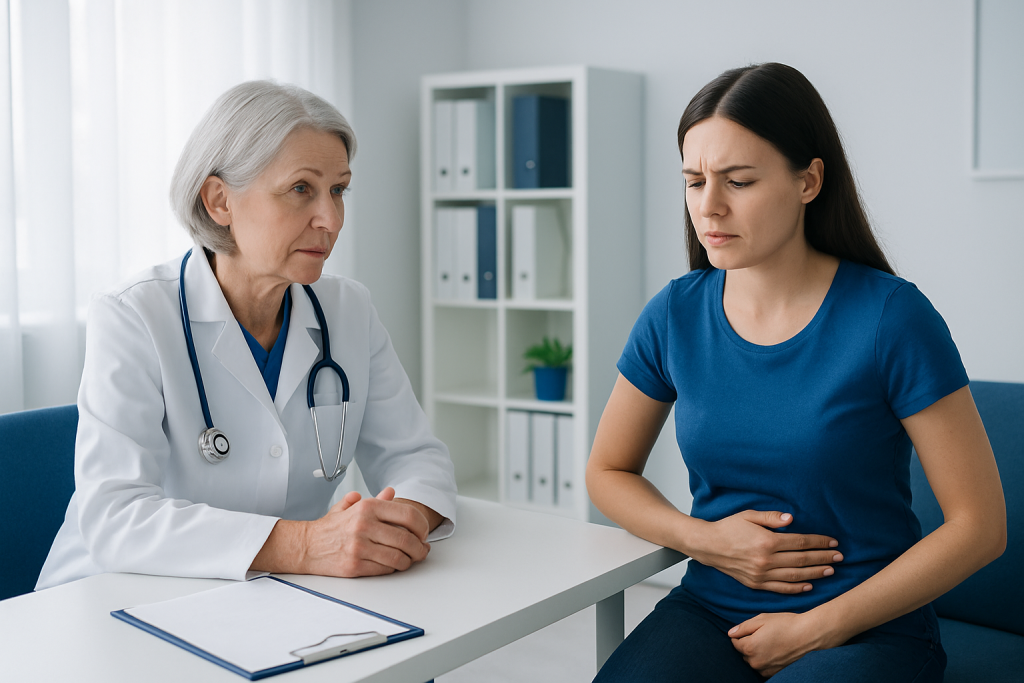 Doctor consulting with a young woman about stomach pain in a medical office.