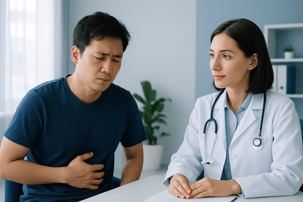Patient experiencing stomach pain during consultation at Acibadem Hospital.