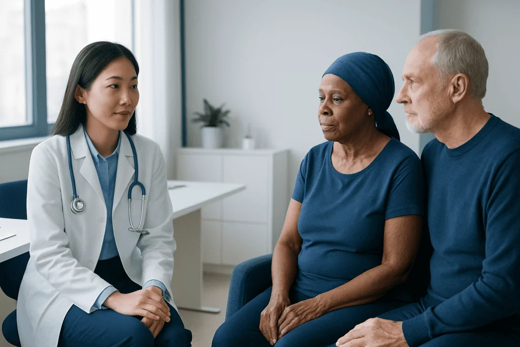 Doctor consulting with elderly female patient and her companion in a medical office.