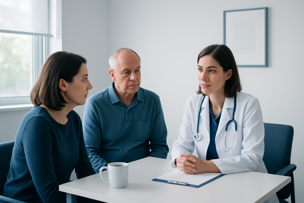 Doctor consulting with two patients in a medical office setting.