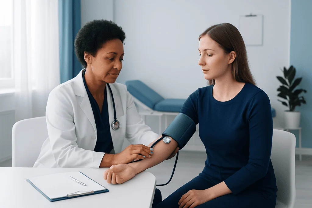Doctor measuring patient's blood pressure in a clinical setting.
