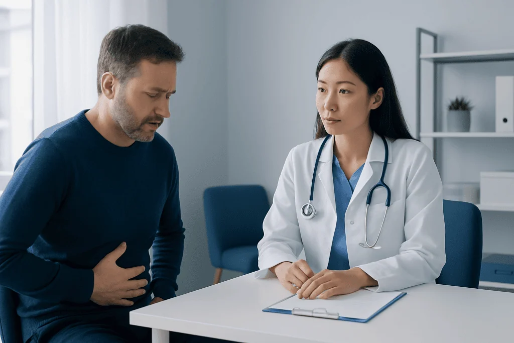 Doctor consulting a patient about digestive issues in a clinic setting.