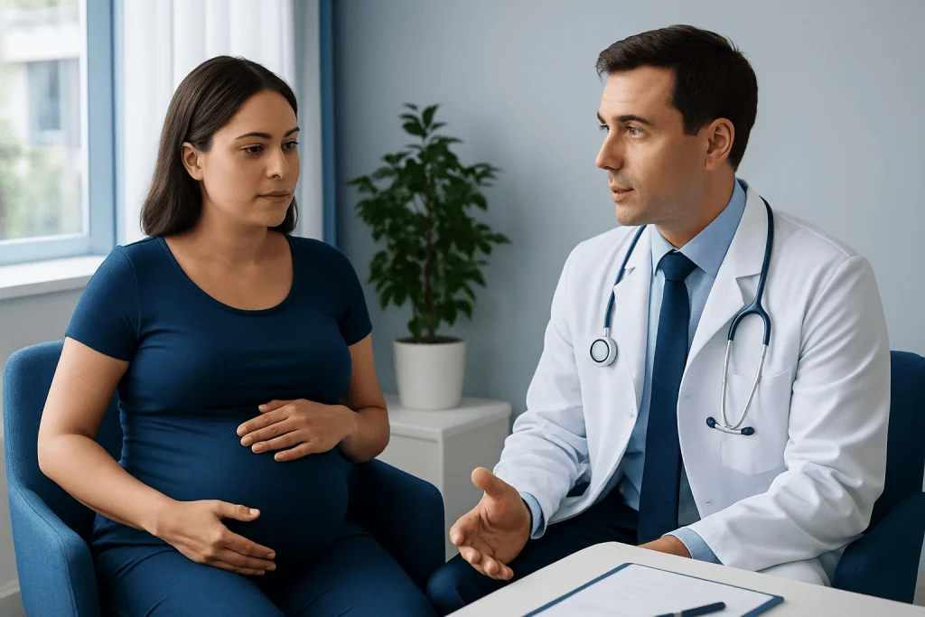 Pregnant woman consulting with a doctor in a medical office.