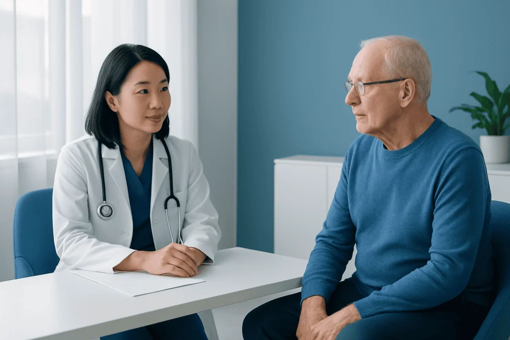 Doctor consulting elderly patient in a modern medical office.