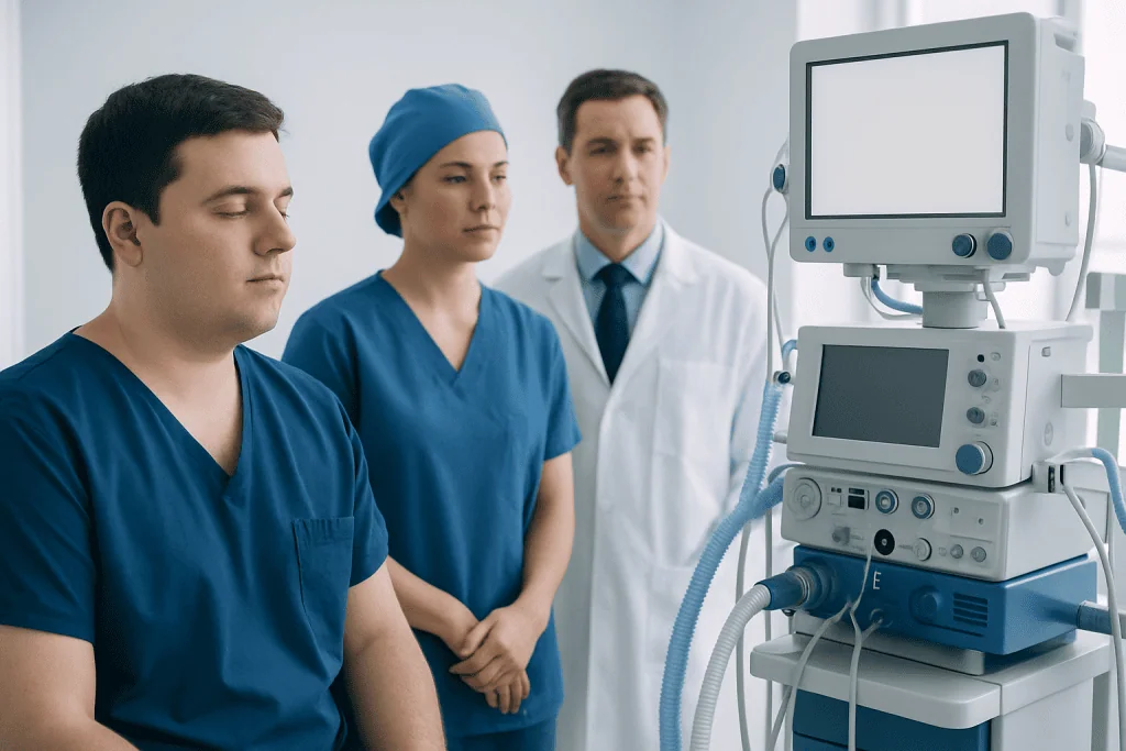 Medical team monitoring patient with advanced hospital equipment.