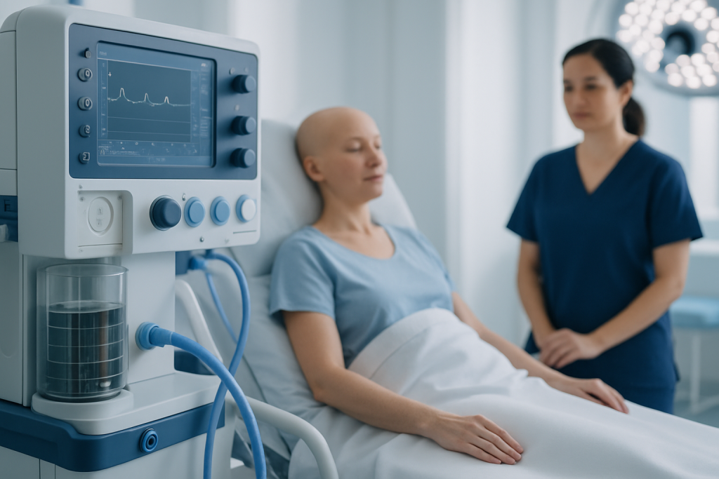 Patient in hospital bed with medical monitor and healthcare professional nearby.