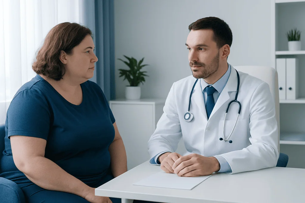 Doctor consulting with a patient in a modern medical office.