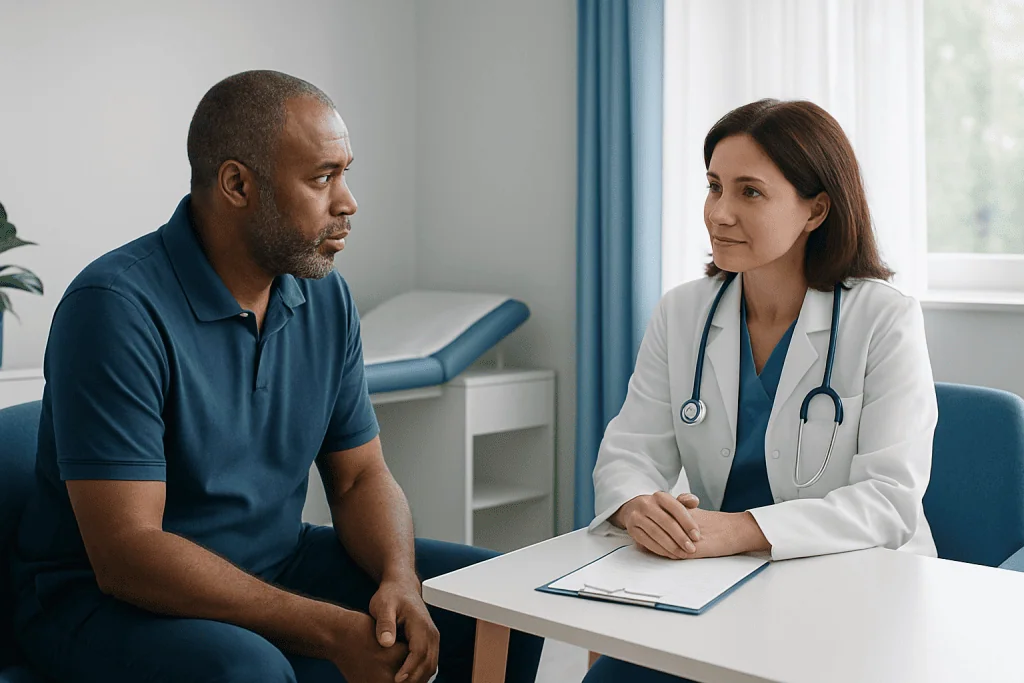 Doctor consulting with male patient in a medical office setting.