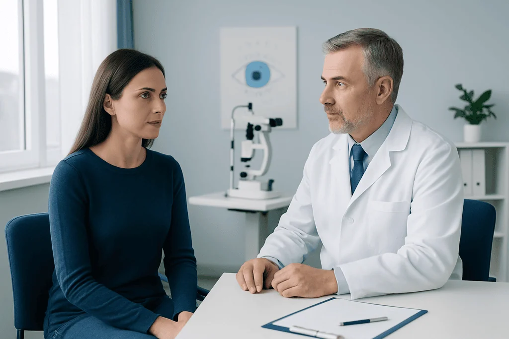 Doctor consulting with a patient about eye color change surgery.