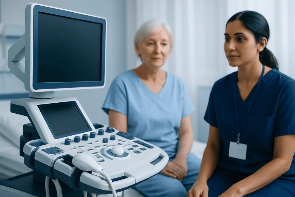 Medical consultation with ultrasound equipment at a hospital.