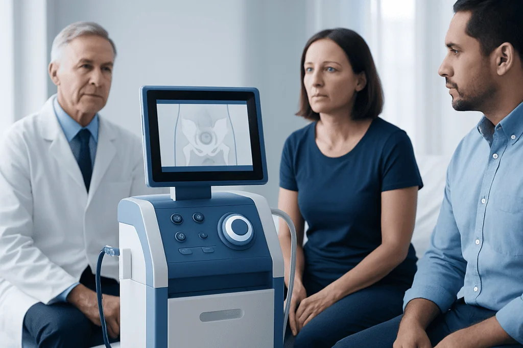 Doctor explaining sacral neuromodulation procedure to patients in a clinic.