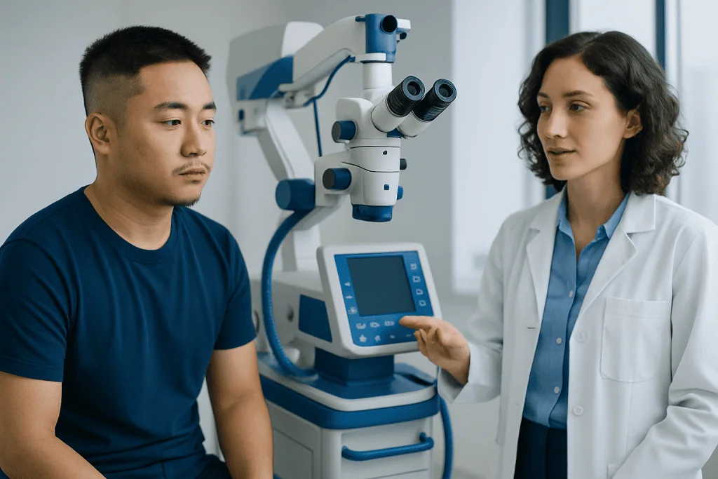 Medical professional explains eye examination to patient using a microscope.