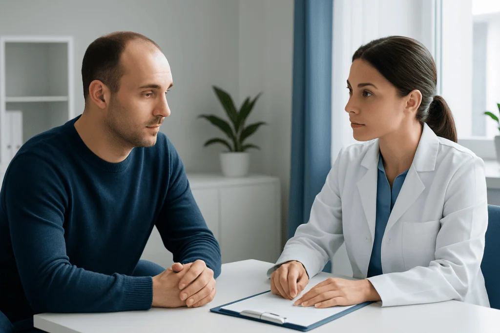 Doctor consulting with male patient in a medical office.