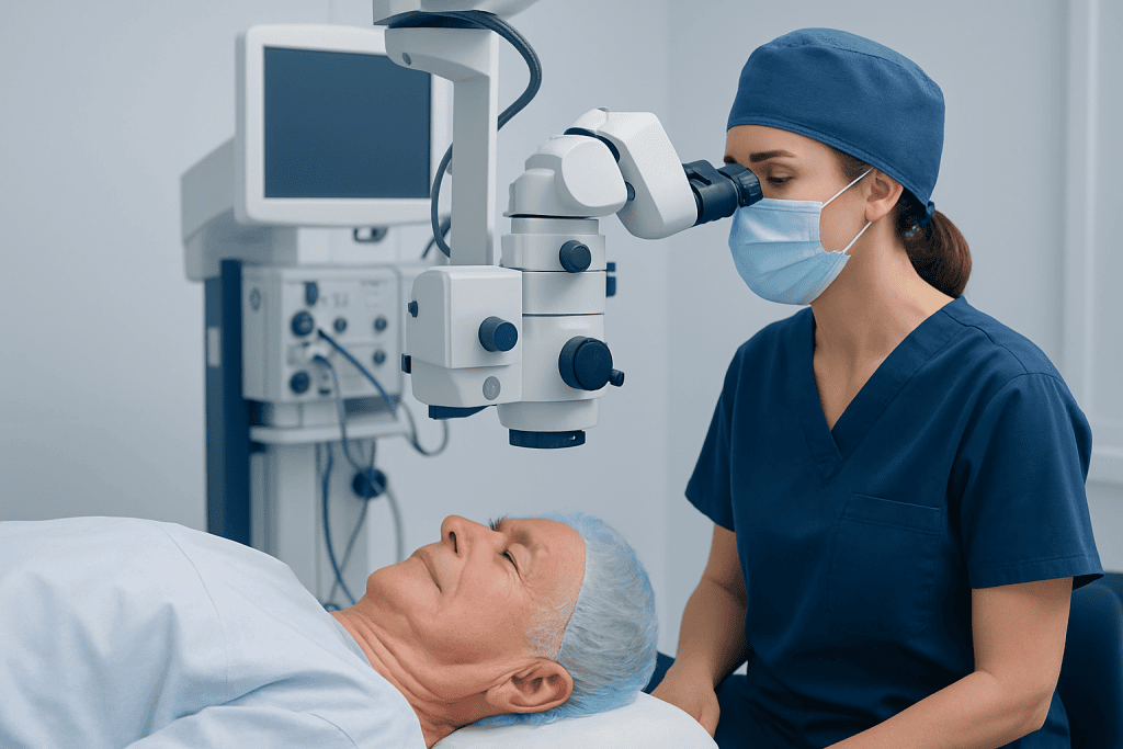 Ophthalmologist performing cataract surgery with advanced equipment.