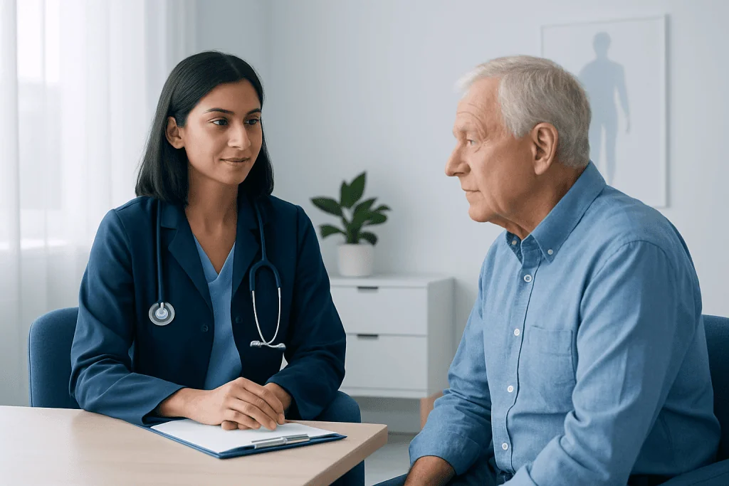 Doctor consulting with an elderly male patient in a medical office.
