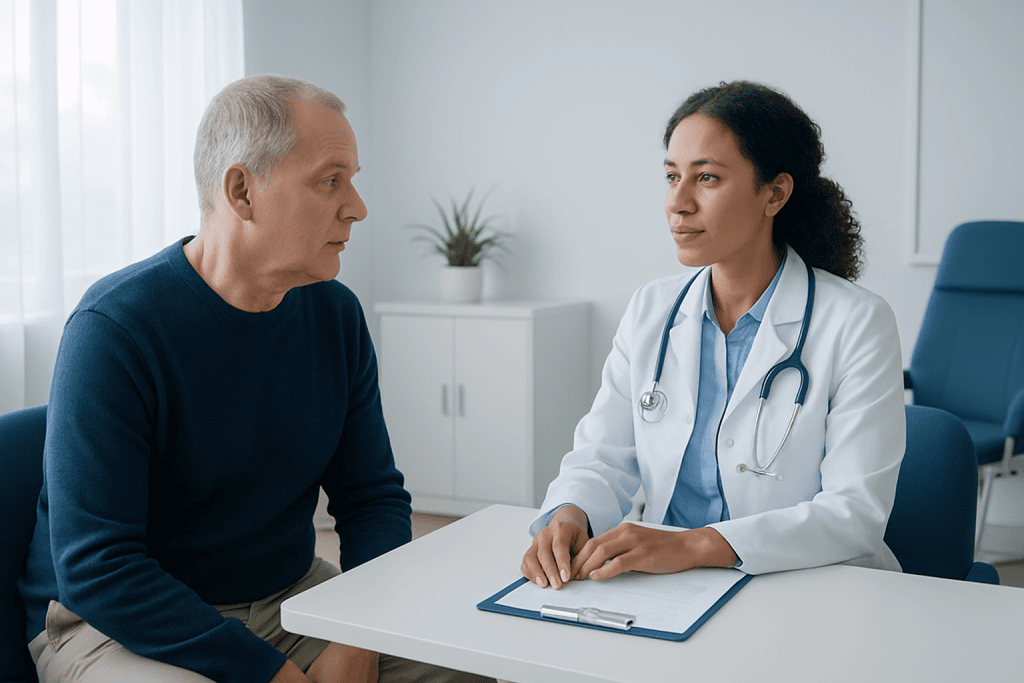 Doctor consulting with an elderly male patient in a medical office.