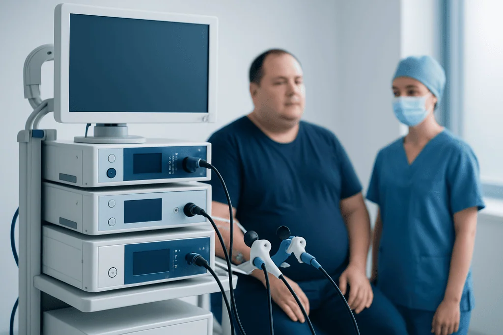 Patient undergoing gastric sleeve consultation with medical staff in hospital.