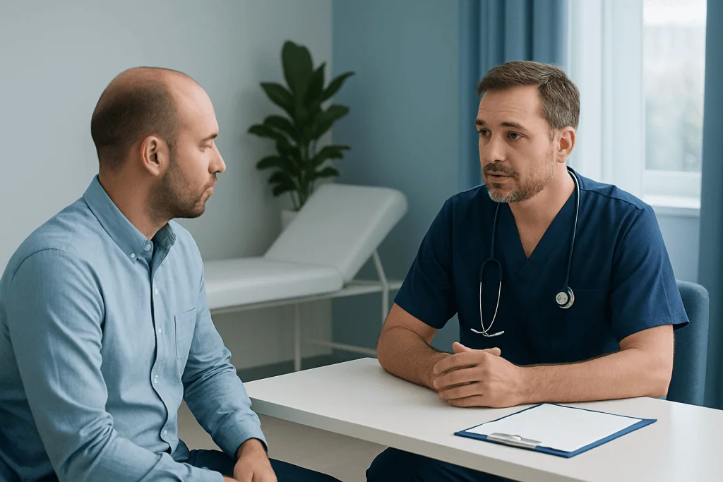 Doctor consulting with patient in a medical office setting.