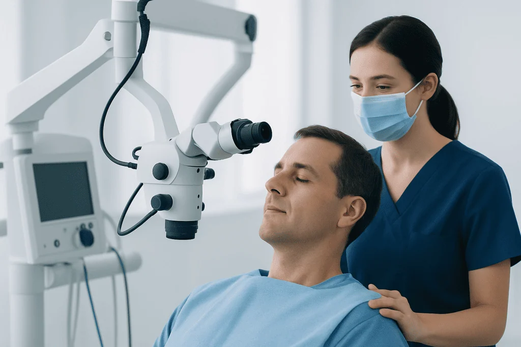 Dentist performing a dental examination with advanced equipment.