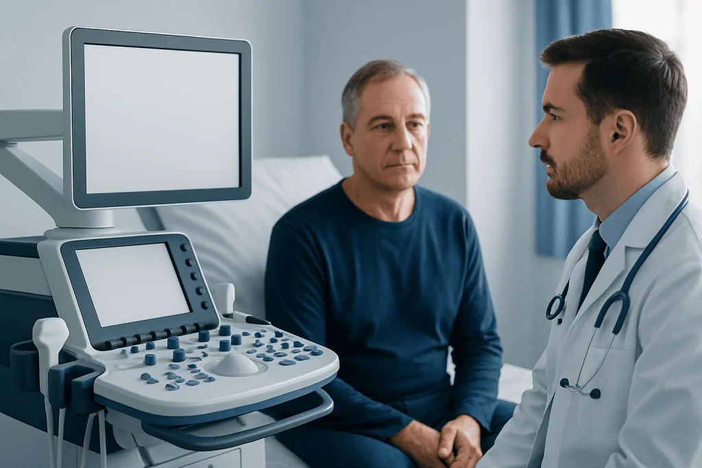 Doctor consulting with patient in hospital room with ultrasound equipment.