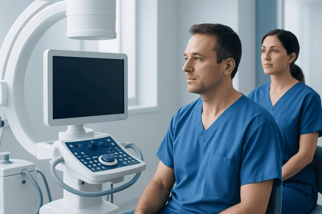 Medical professionals preparing for a diagnostic procedure in a hospital.