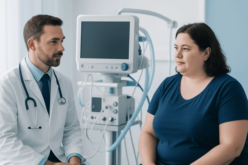 Doctor consulting with patient in a hospital room with medical equipment.