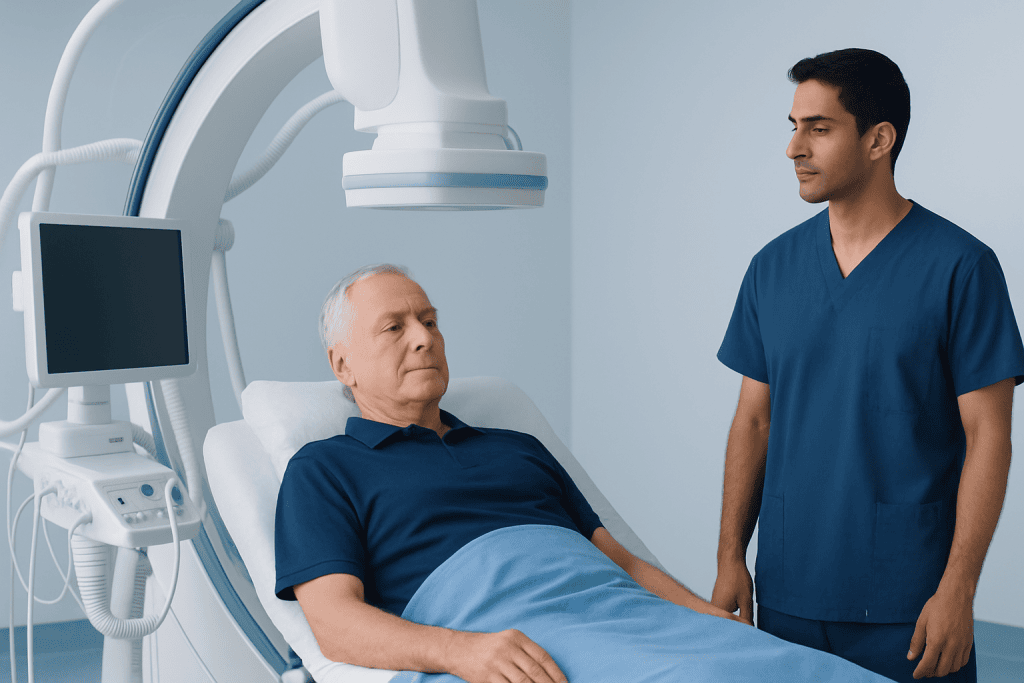 Patient undergoing angiography procedure in a hospital setting.