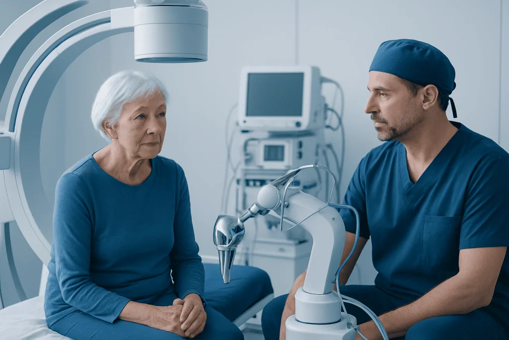 Senior woman undergoing medical examination with a robotic device in a hospital.