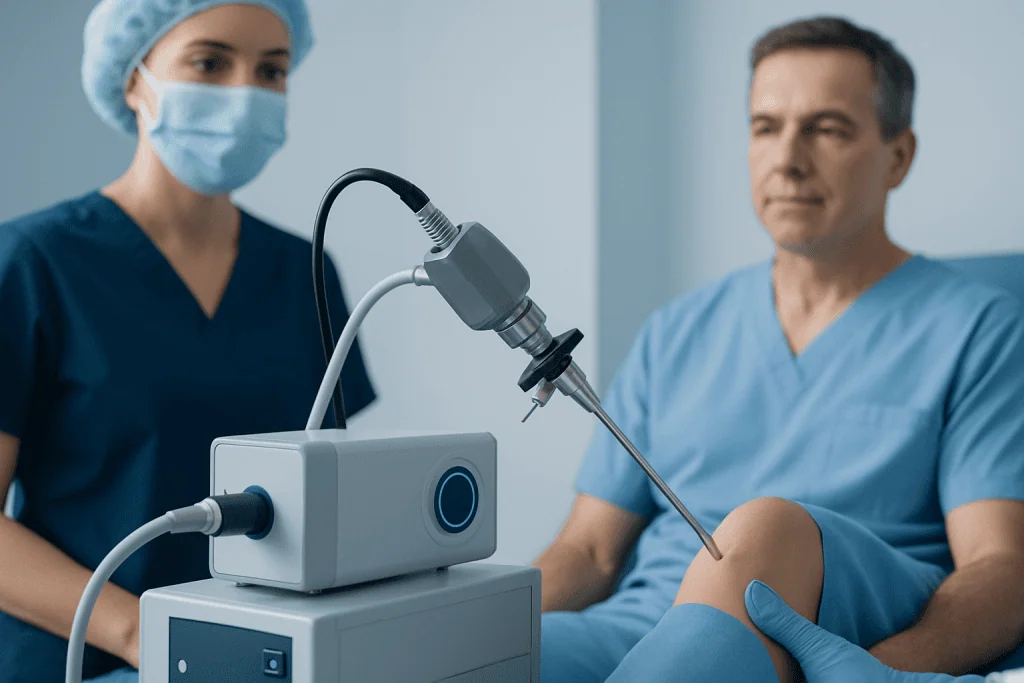 Medical professional performing arthroscopy on patient's knee in hospital.