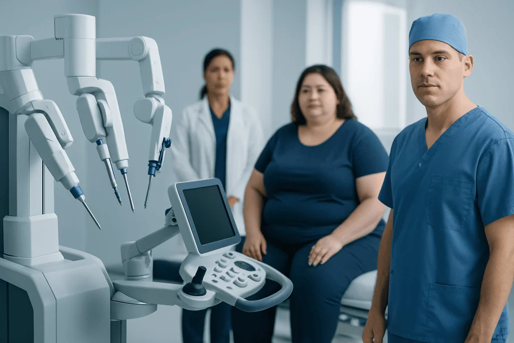 Medical team with robotic surgical equipment in a hospital setting.