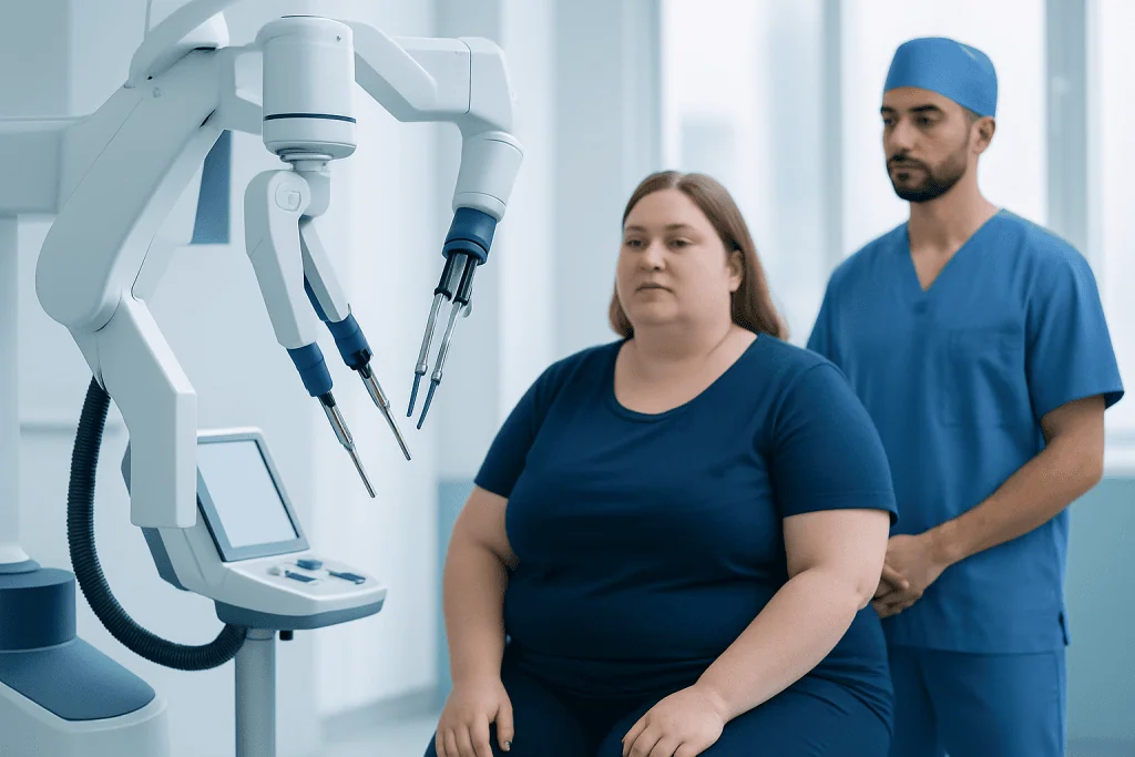 Medical team preparing robotic surgical equipment for weight loss surgery.
