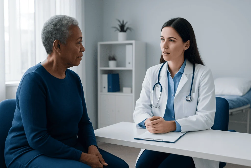 Doctor consulting with an elderly female patient in a medical office.
