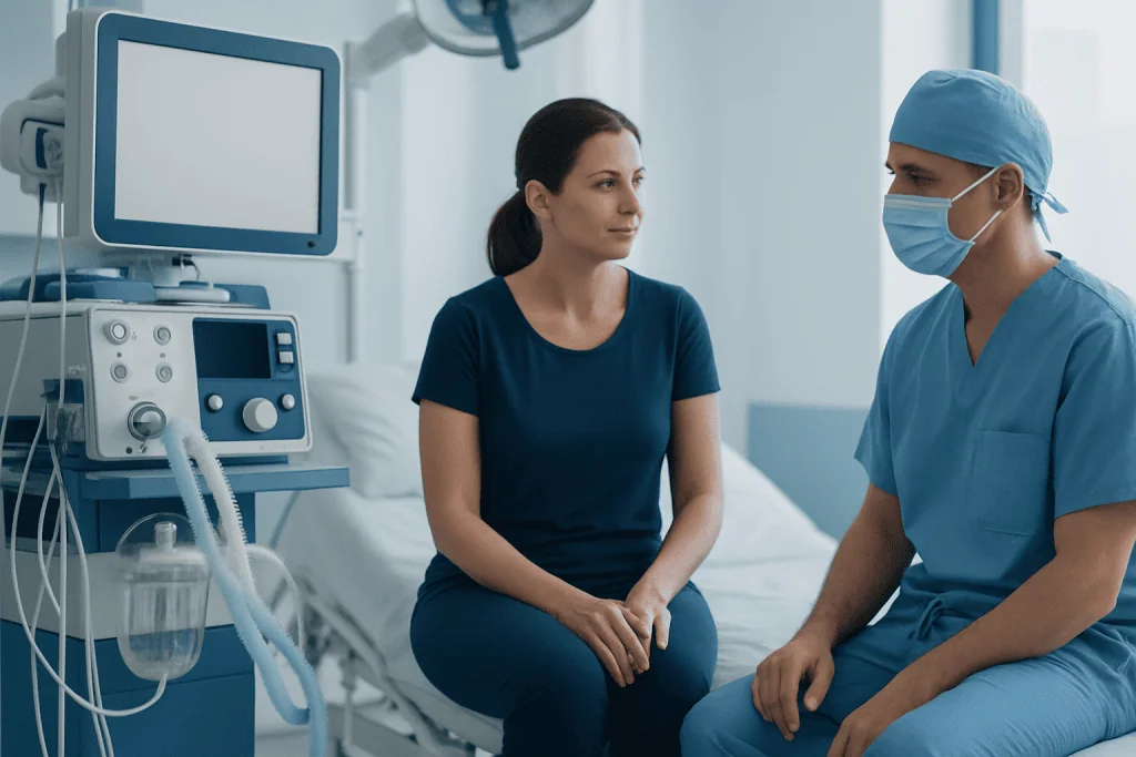 Doctor and patient discussing bunion surgery in hospital room.