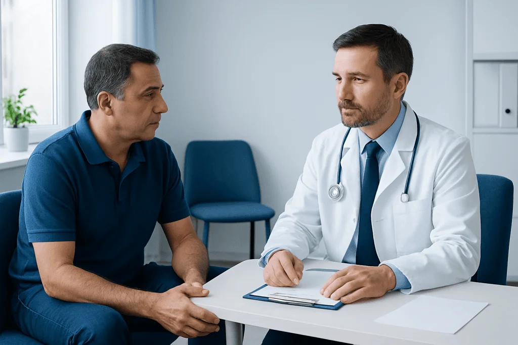 Doctor consulting with patient in a medical office setting.