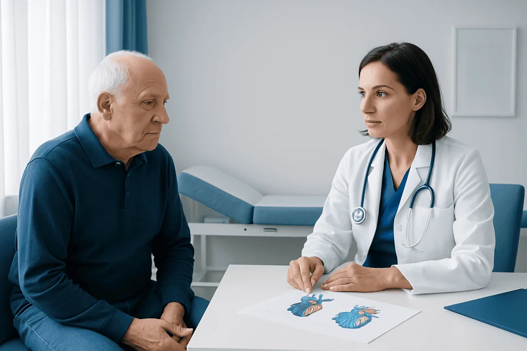 Cardiologist consulting with elderly patient in hospital room.