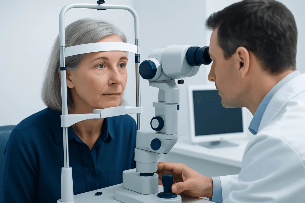 Ophthalmologist examining elderly woman's eye with slit lamp.