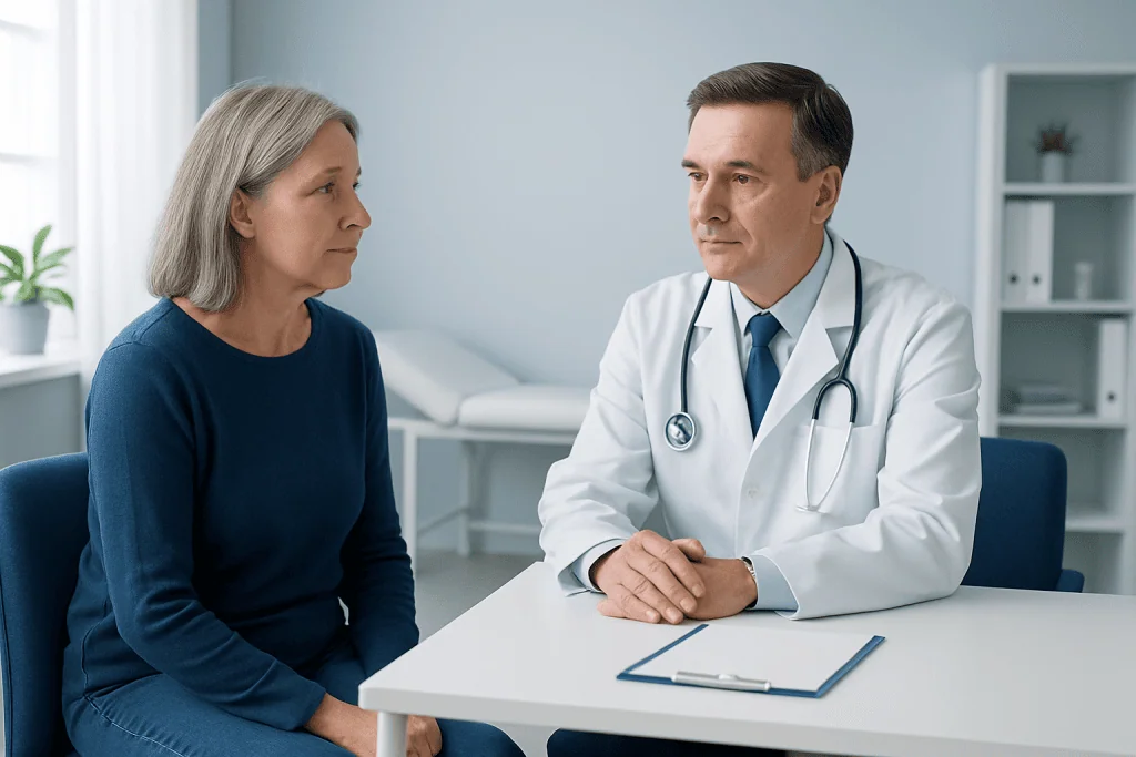 Doctor consulting with an older female patient in a medical office.