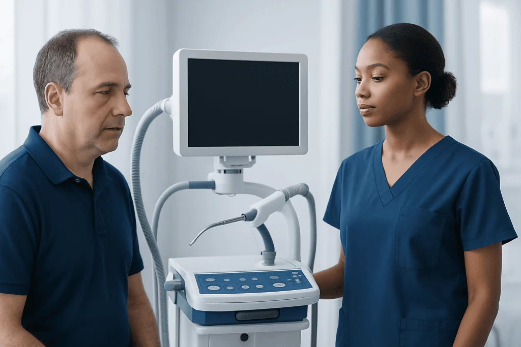 Doctor and nurse preparing medical equipment in hospital setting.