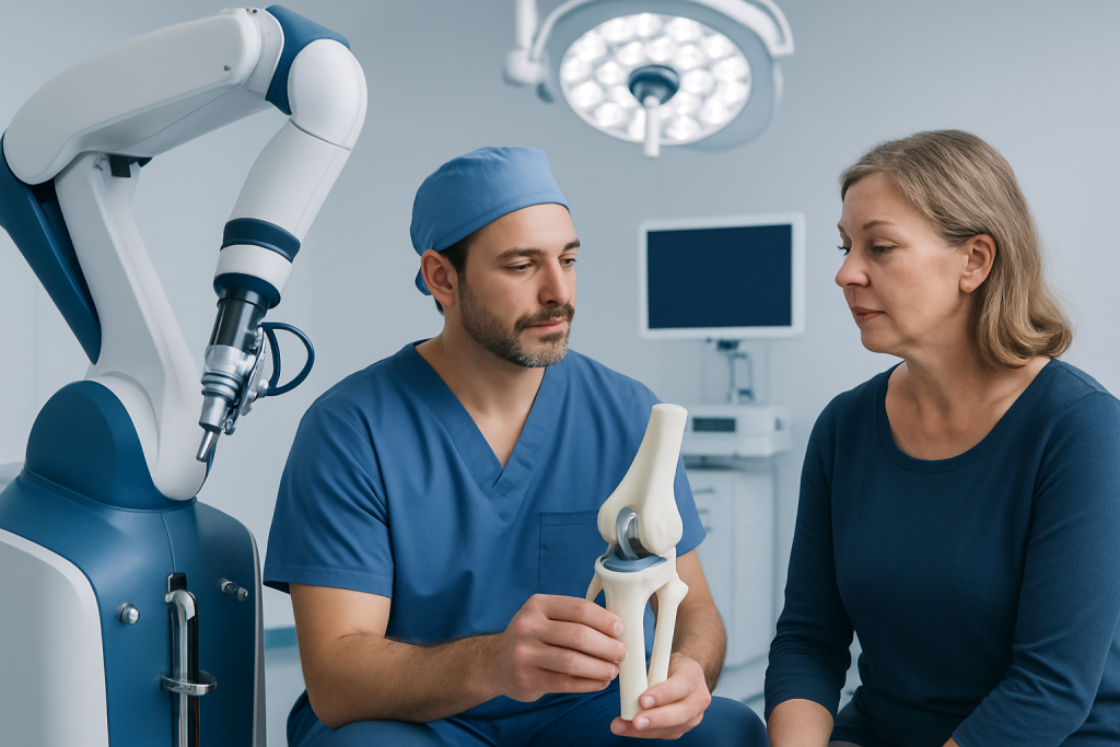 Orthopedic surgeon explains knee replacement procedure to patient using a model.