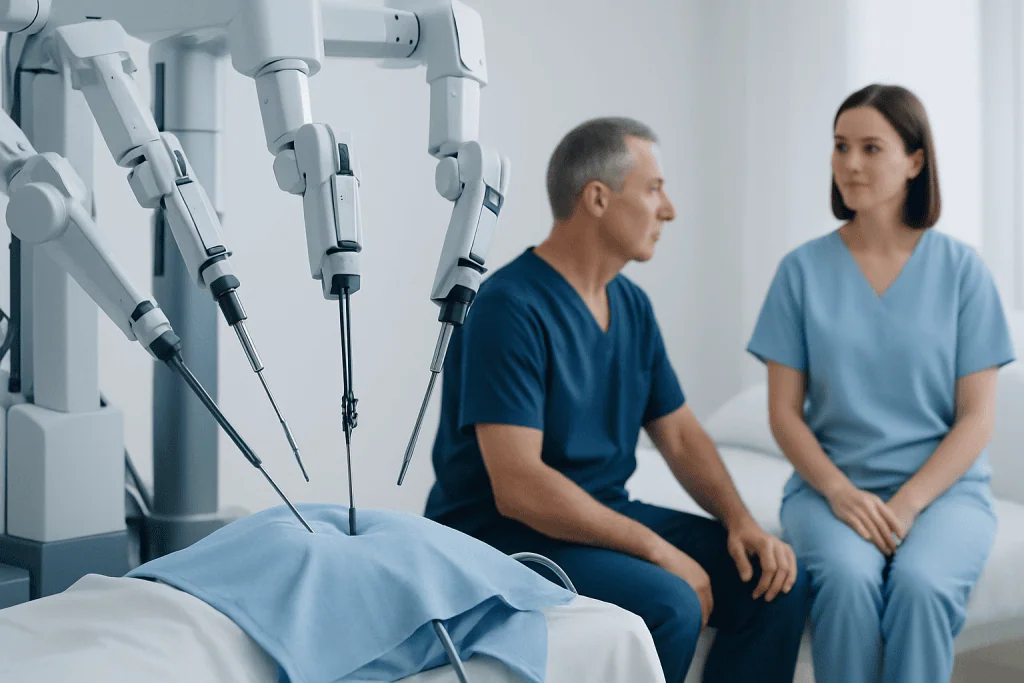Robotic surgical arms performing minimally invasive surgery in a hospital room.
