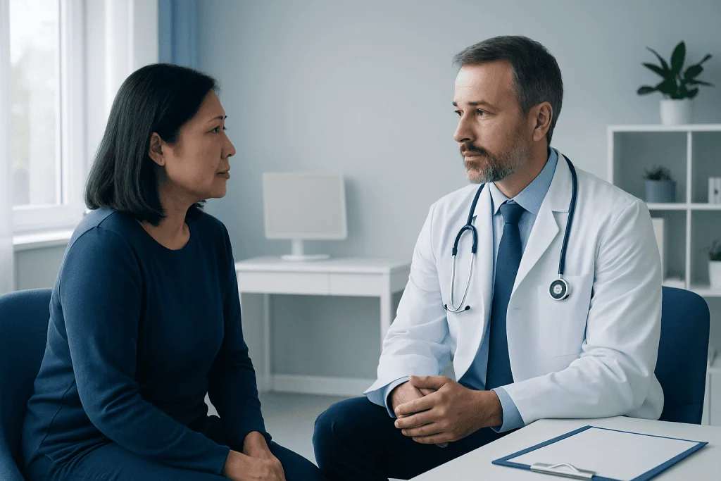 Doctor consulting with a female patient in a modern clinic setting.