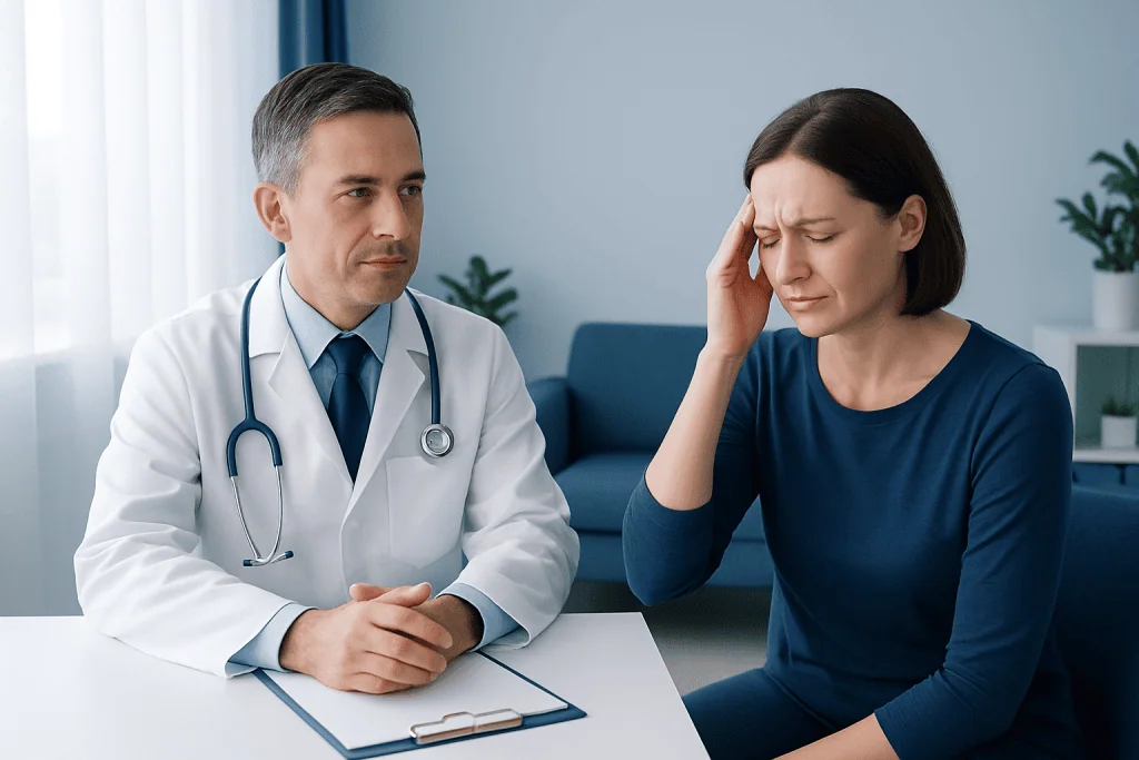 Doctor consulting a woman with headache in a medical office.