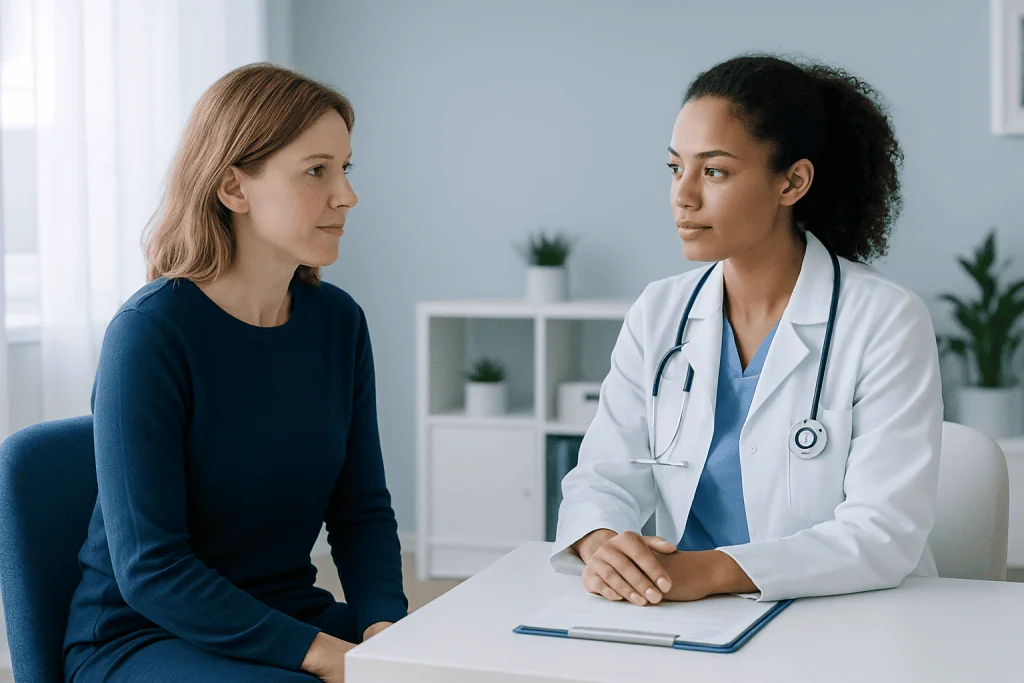Doctor consulting with a female patient in a modern clinic setting.