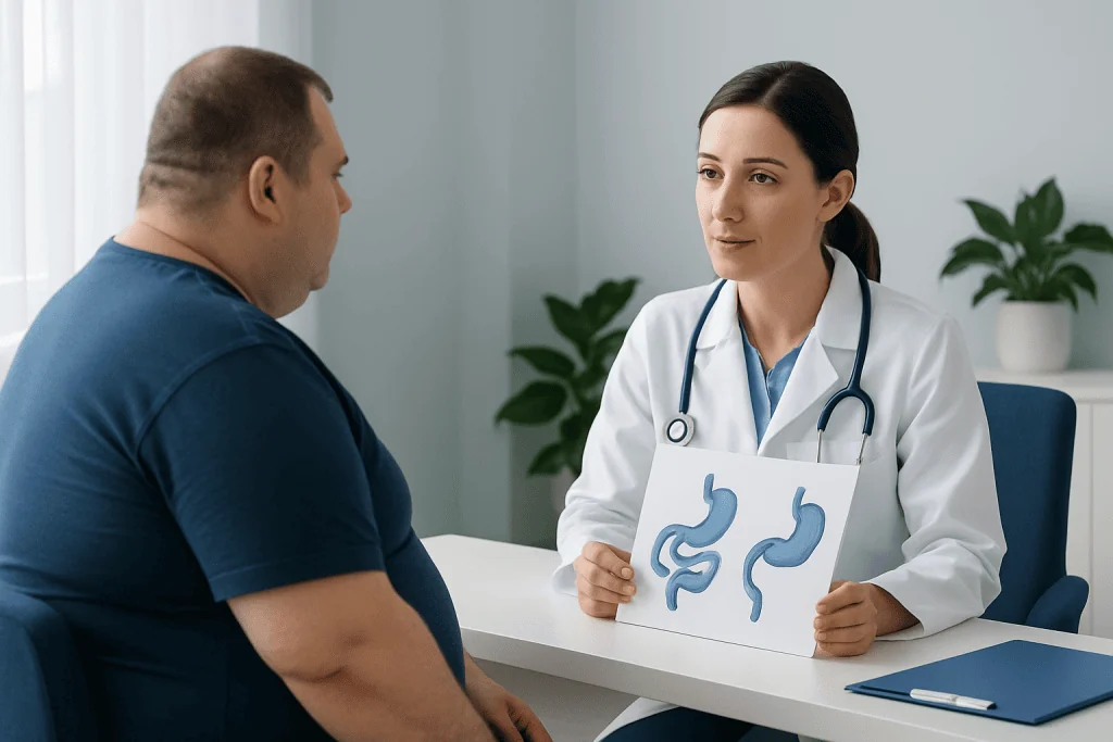 Doctor explaining gastric surgery options to a patient with stomach diagrams.