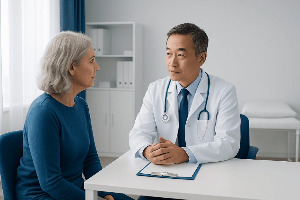 Doctor consulting with an elderly female patient in a medical office.