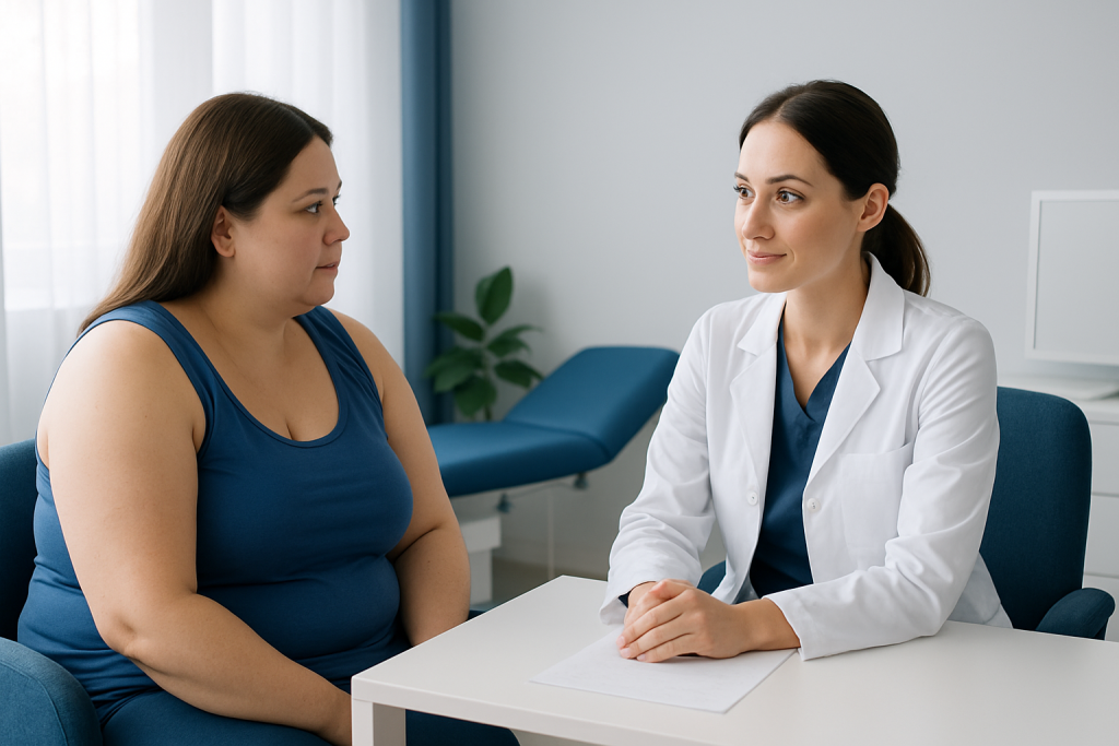 Medical consultation with a doctor and patient in a clinic setting.